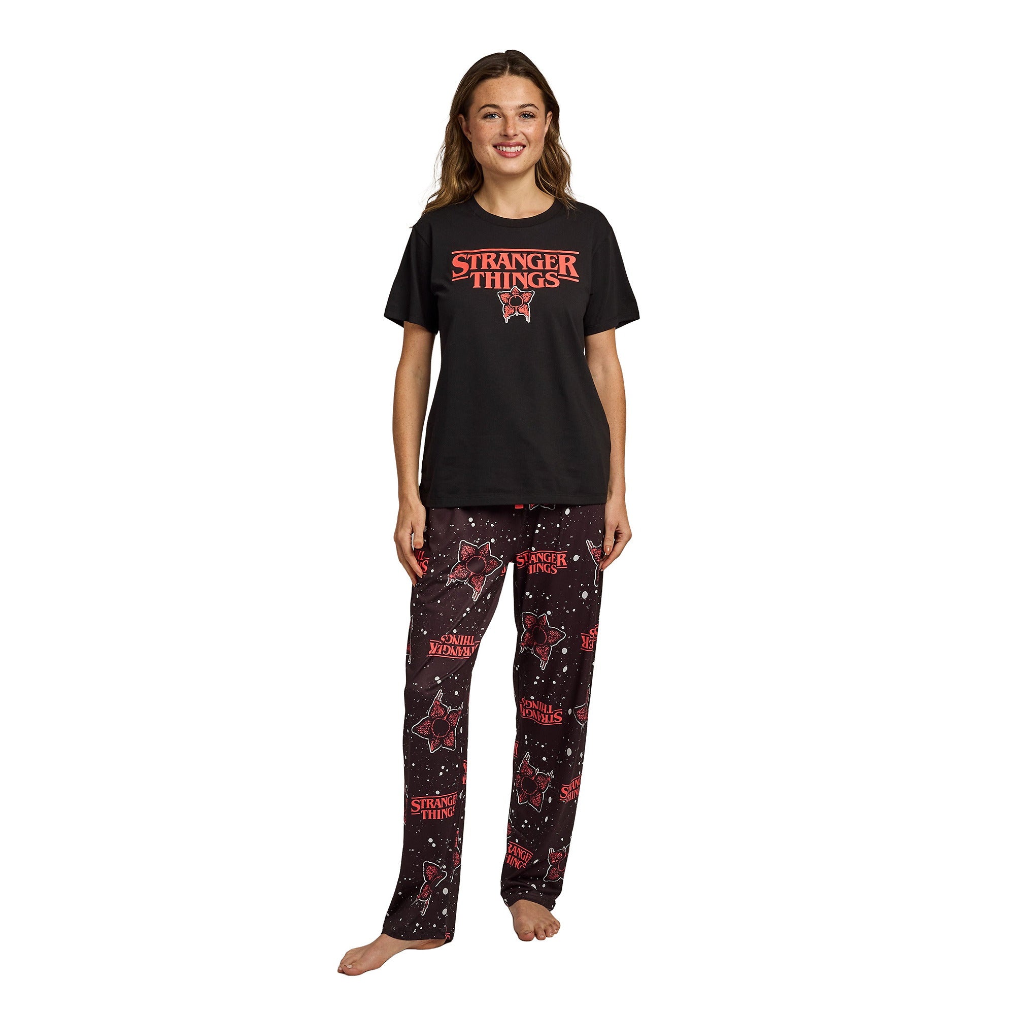 Stranger Thing Demogorgon Splatter Logo Women's Black Oversized Tee & Pants Sleep Set