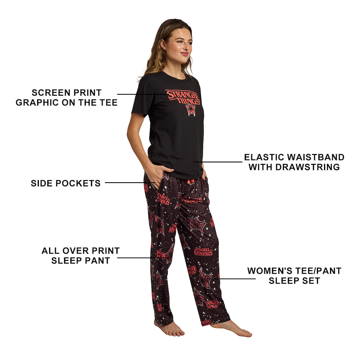 Stranger Thing Demogorgon Splatter Logo Women's Black Oversized Tee & Pants Sleep Set