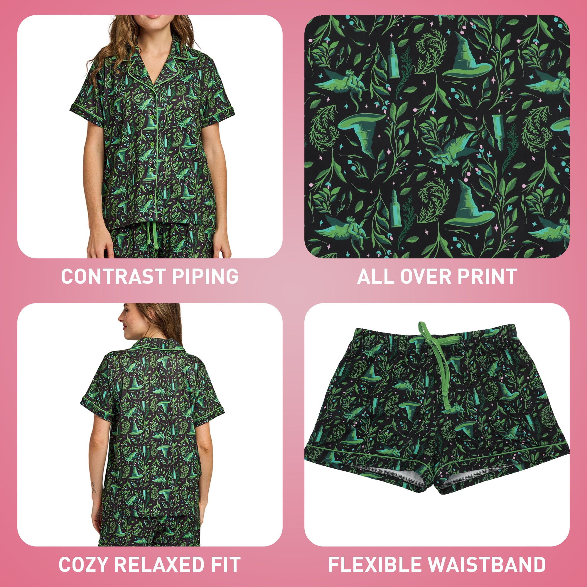 Wicked: For Good Elphaba Witch Hats All-Over Print Women’s Notch Collar Button-Down Shirt and Shorts Sleepwear Set