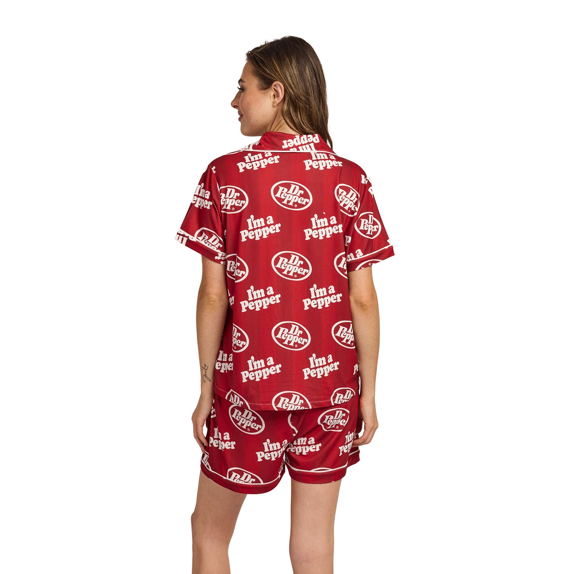 Dr. Pepper Classic Logo All-Over Print Women’s Notch Collar Button-Down Shirt and Shorts Sleepwear Set