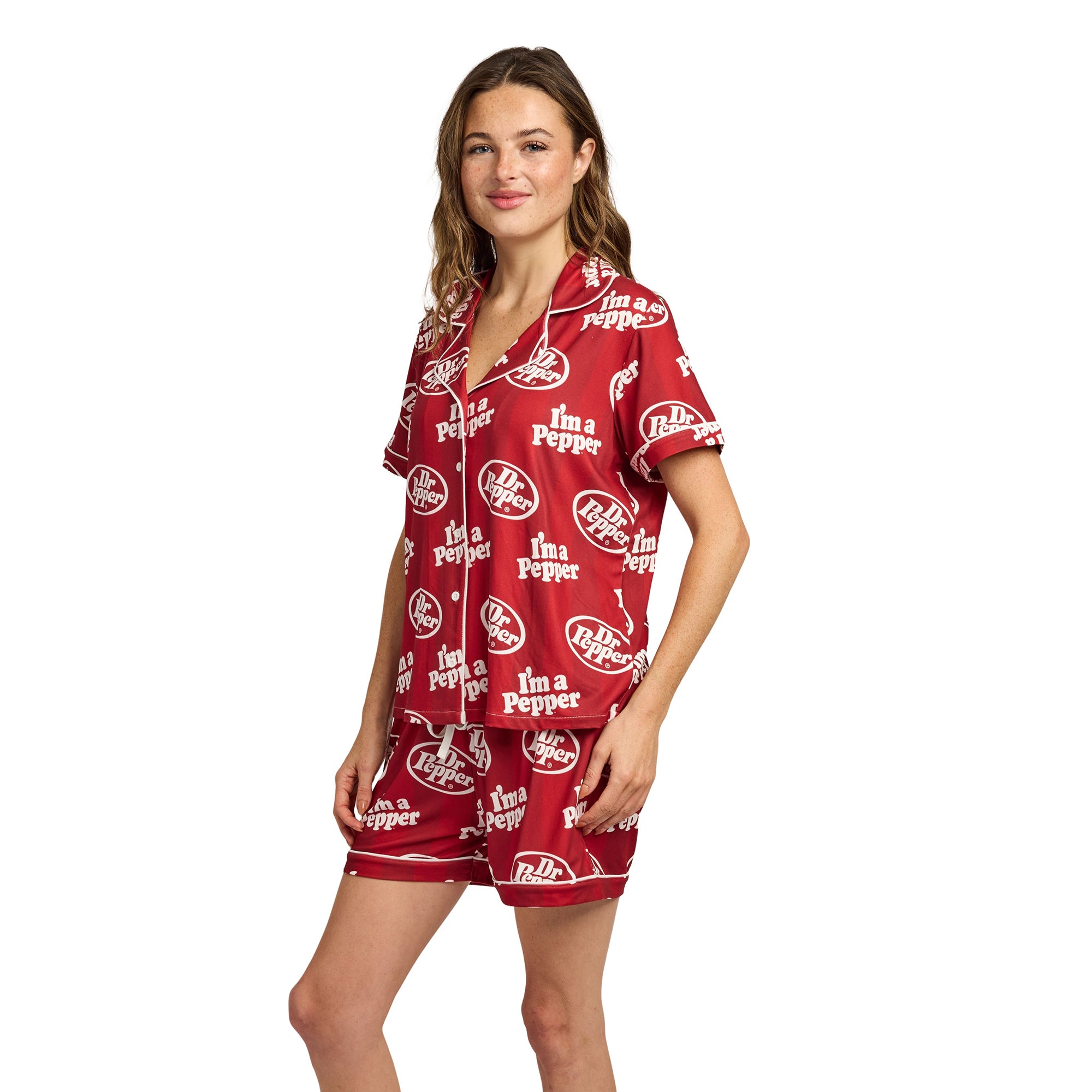 Dr. Pepper Classic Logo All-Over Print Women’s Notch Collar Button-Down Shirt and Shorts Sleepwear Set
