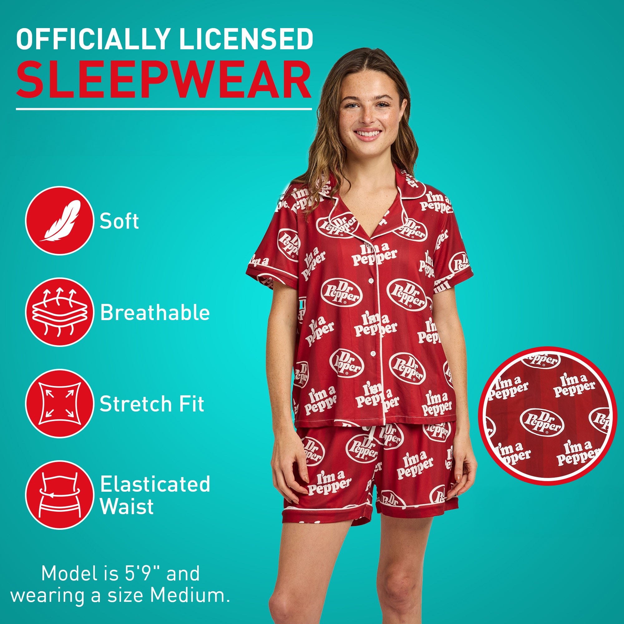 Dr. Pepper Classic Logo All-Over Print Women’s Notch Collar Button-Down Shirt and Shorts Sleepwear Set