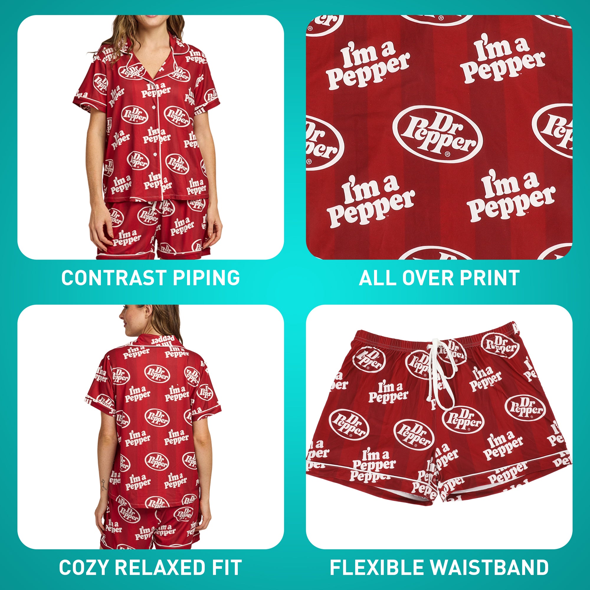 Dr. Pepper Classic Logo All-Over Print Women’s Notch Collar Button-Down Shirt and Shorts Sleepwear Set