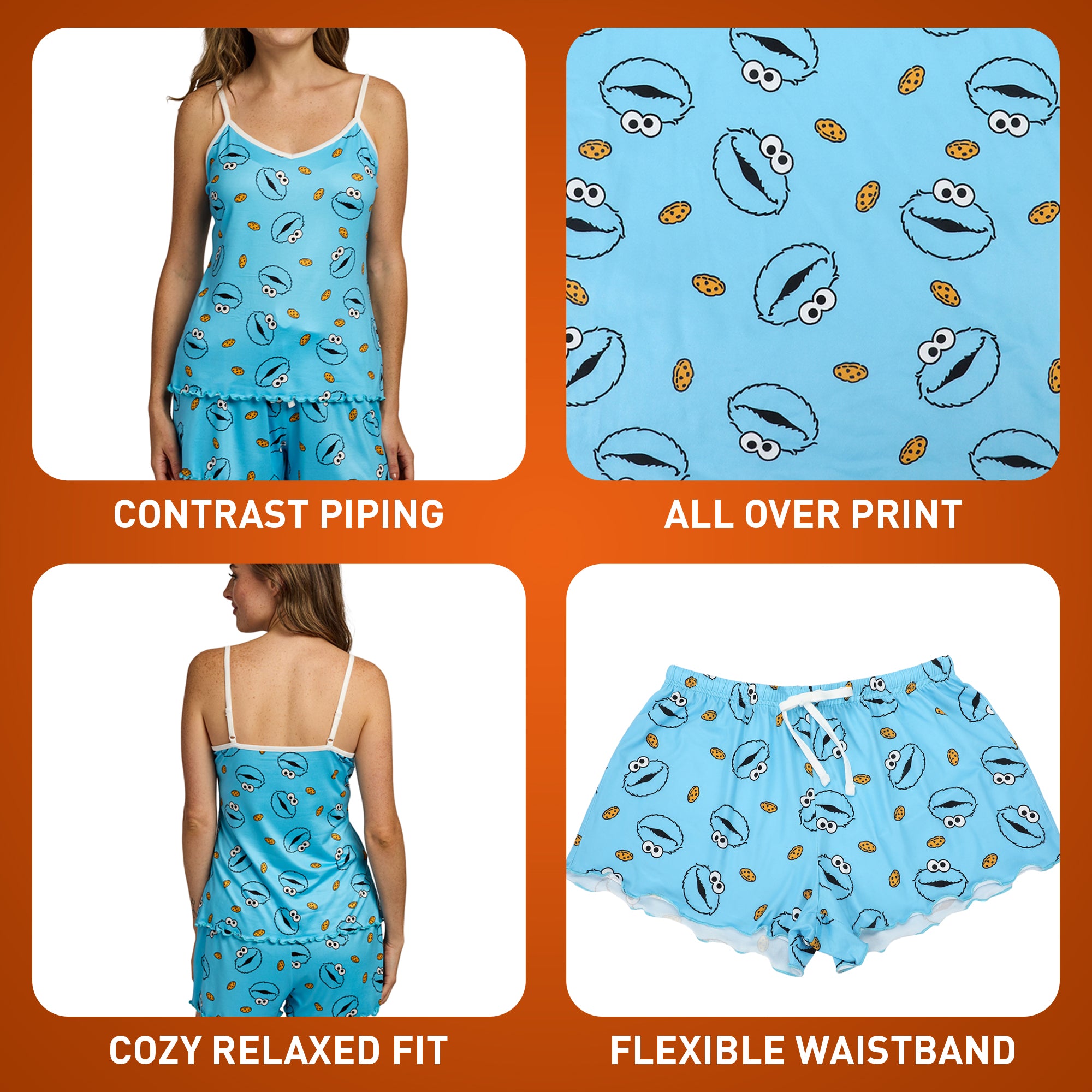 Sesame Street Cookie Monster All-Over Print Women’s V-Neck Cami & Shorts Sleep Set