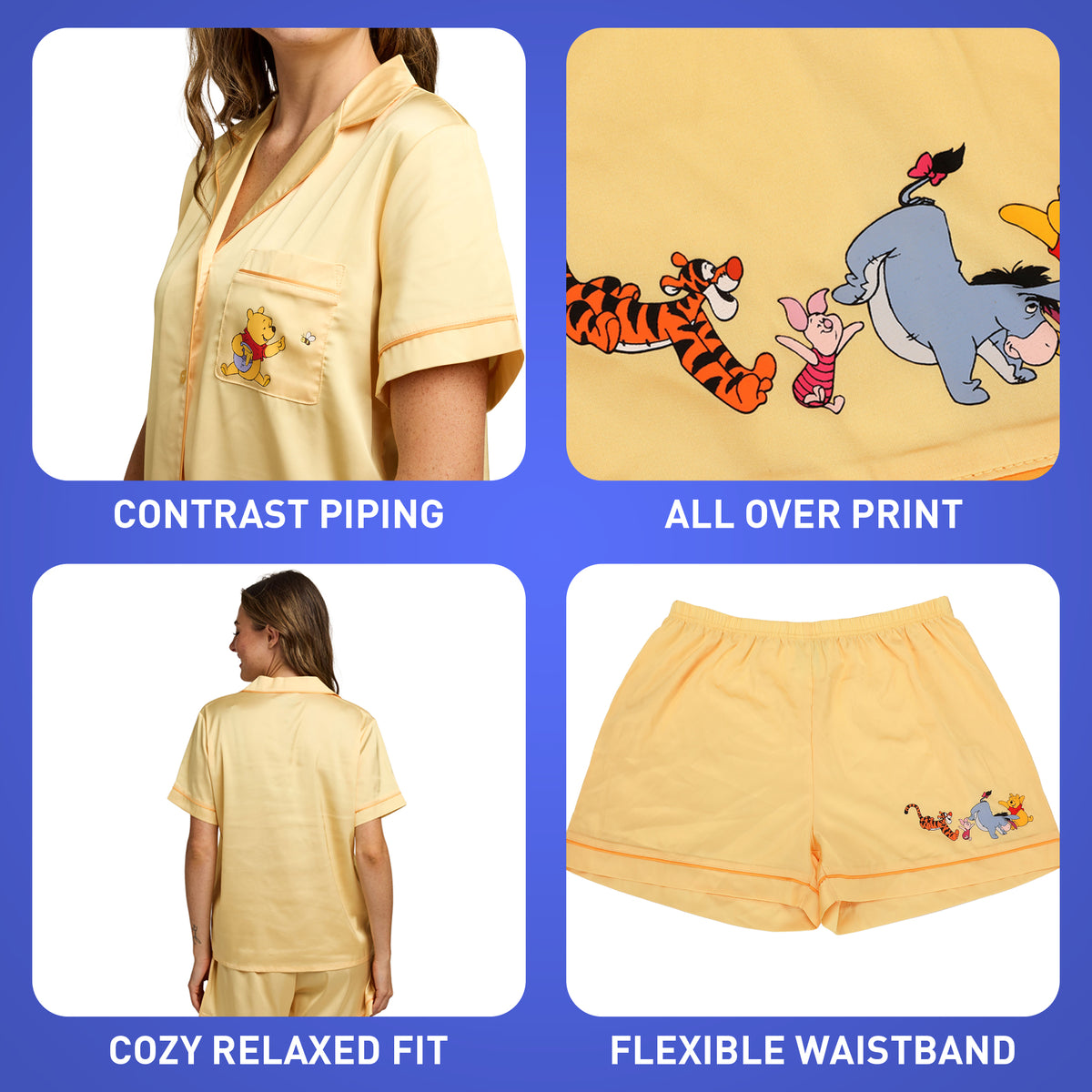 Winnie The Pooh Character Art Women's 2-Pack Satin Pajama Set