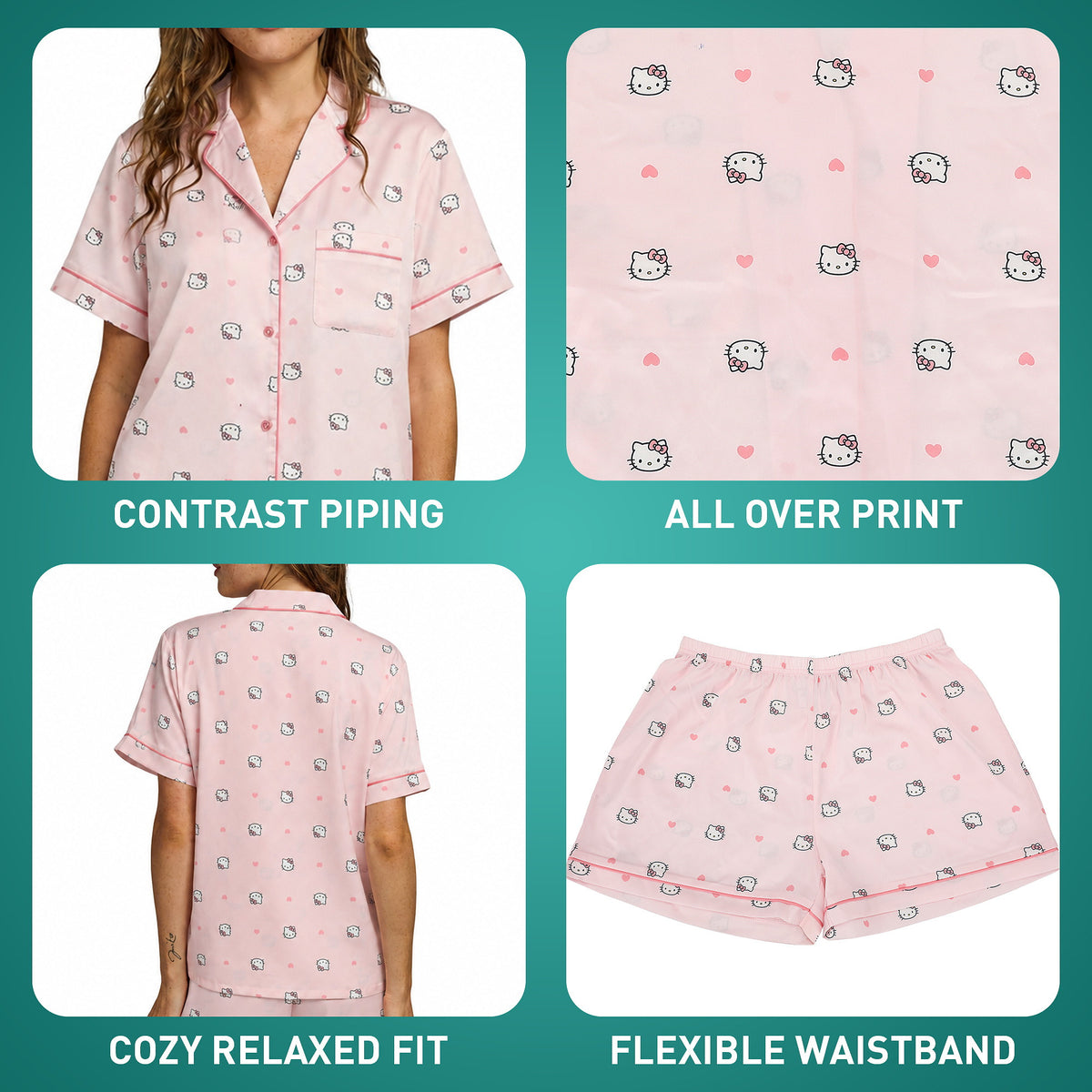 Hello Kitty Character Print Women's 2-Pack Satin Pajama Set