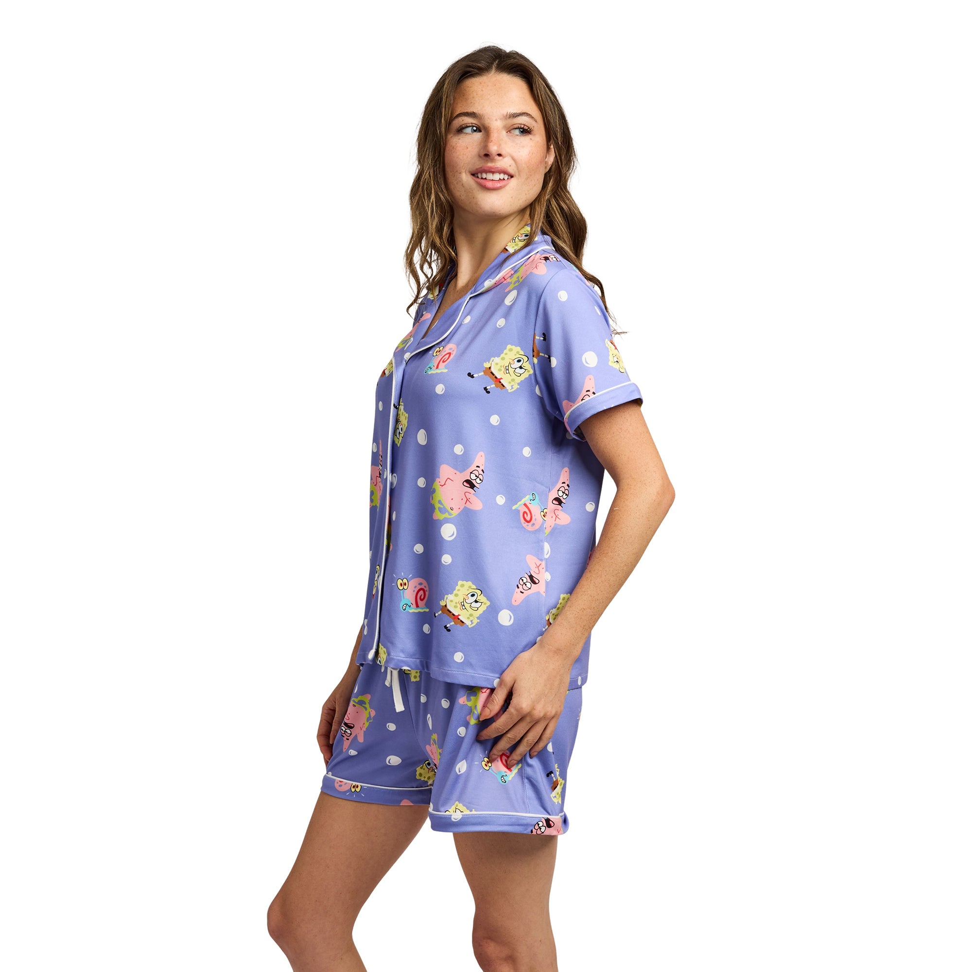 Spongebob Squarepants Favorite Characters All-Over Print Women’s Notch Collar Button-Down Shirt and Shorts Sleepwear Set