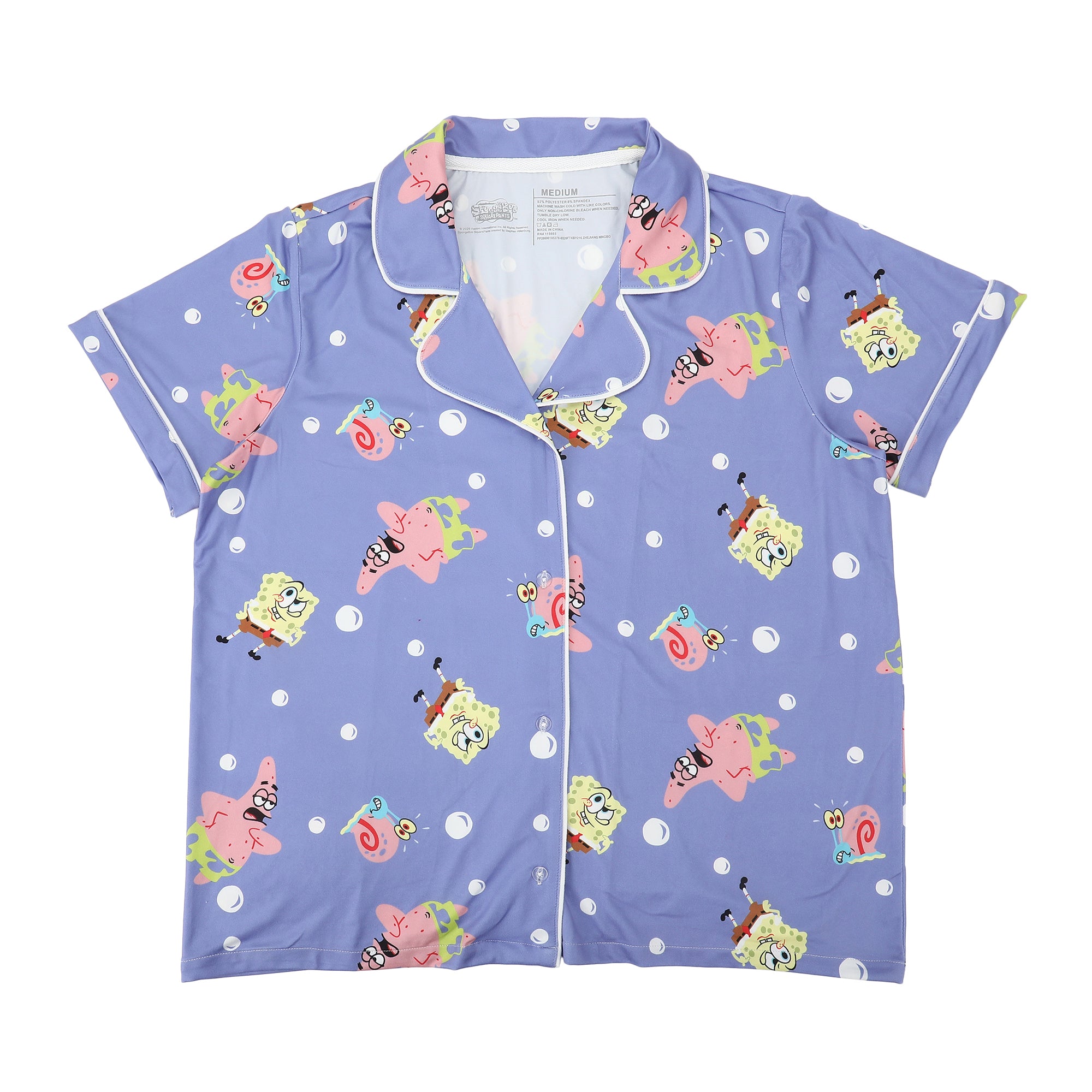 Spongebob Squarepants Favorite Characters All-Over Print Women’s Notch Collar Button-Down Shirt and Shorts Sleepwear Set