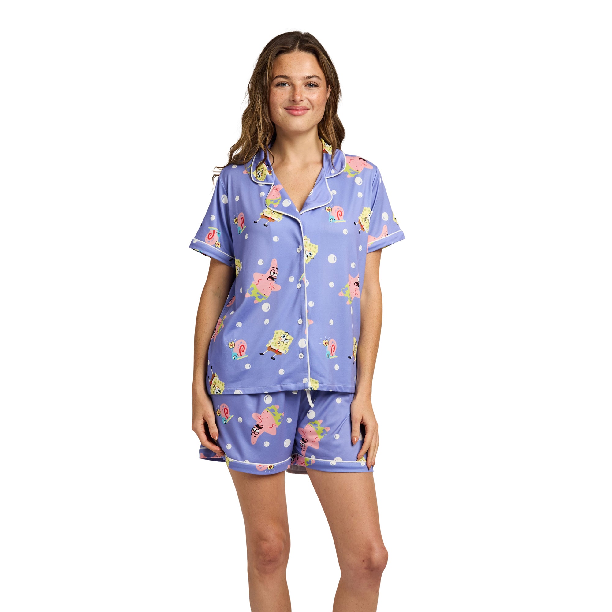 Bioworld SpongeBob SquarePants Favorite Characters All-Over Print Women's Notch Collar Shirt & Shorts Sleepwear Set