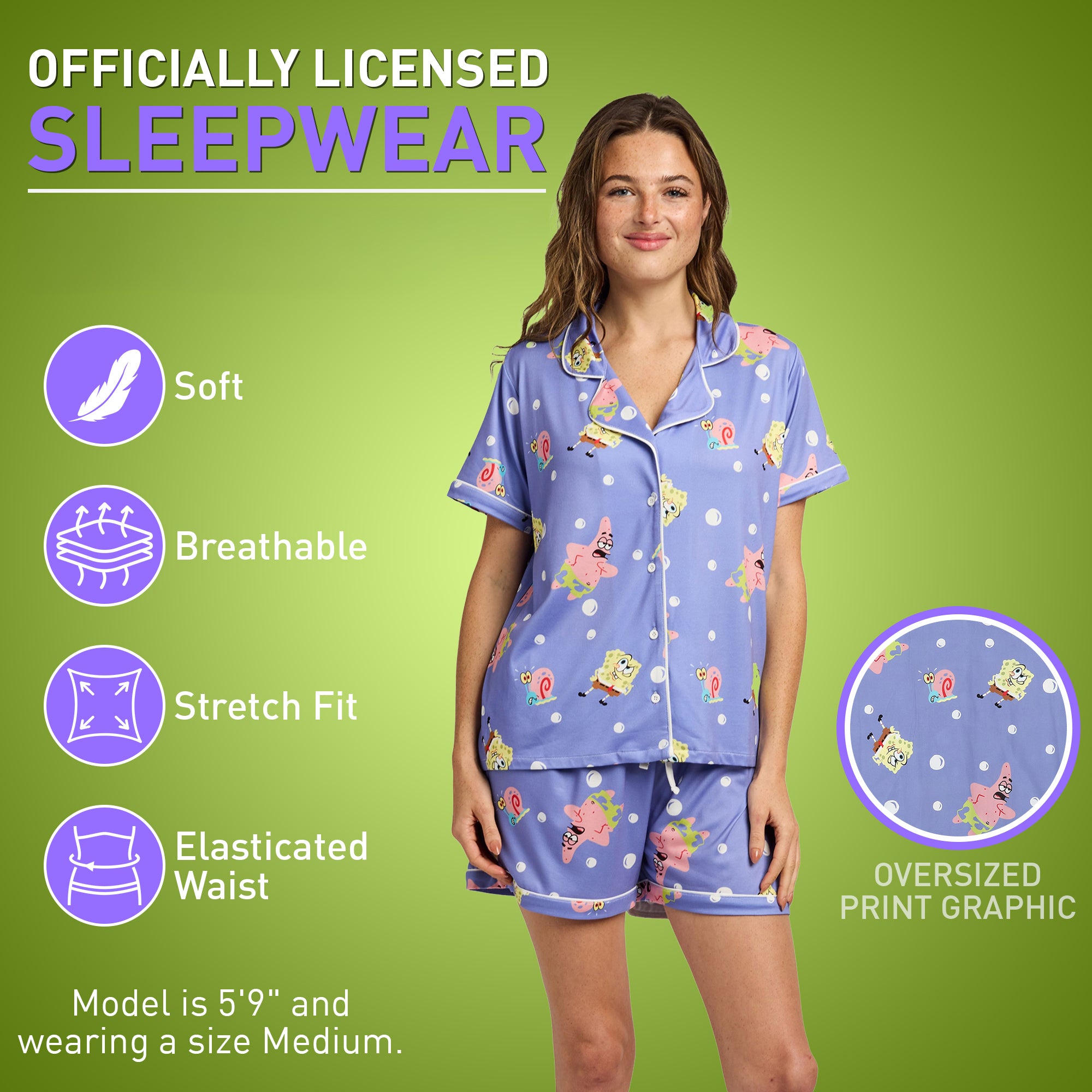 Bioworld SpongeBob SquarePants Favorite Characters All-Over Print Women's Notch Collar Shirt & Shorts Sleepwear Set