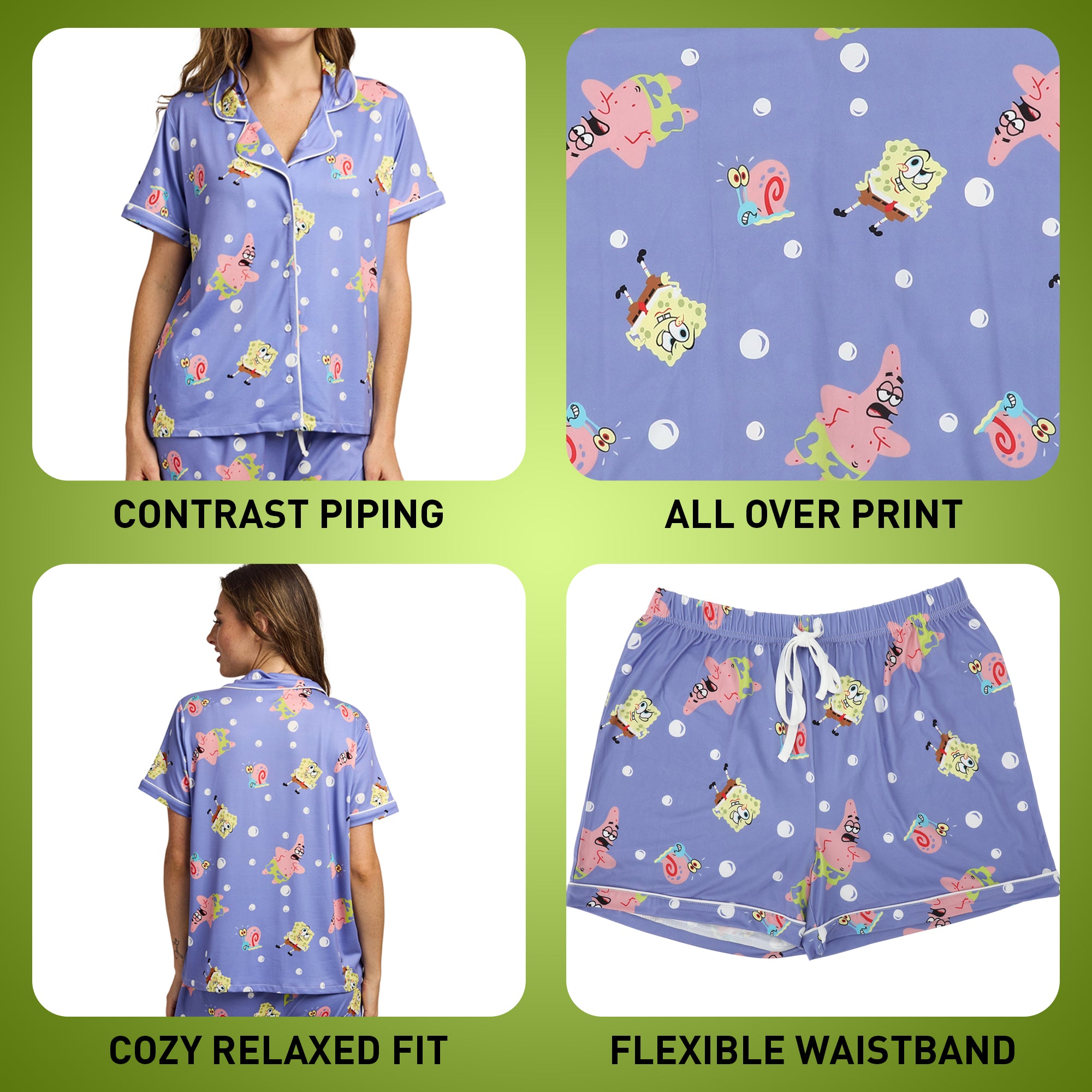 Bioworld SpongeBob SquarePants Favorite Characters All-Over Print Women's Notch Collar Shirt & Shorts Sleepwear Set
