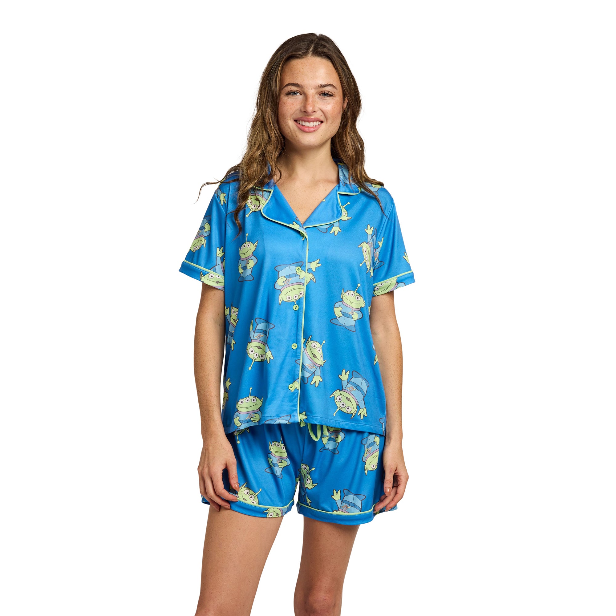 Toy Story Aliens All-Over Print Women’s Notch Collar Button-Down Shirt and Shorts Sleepwear Set