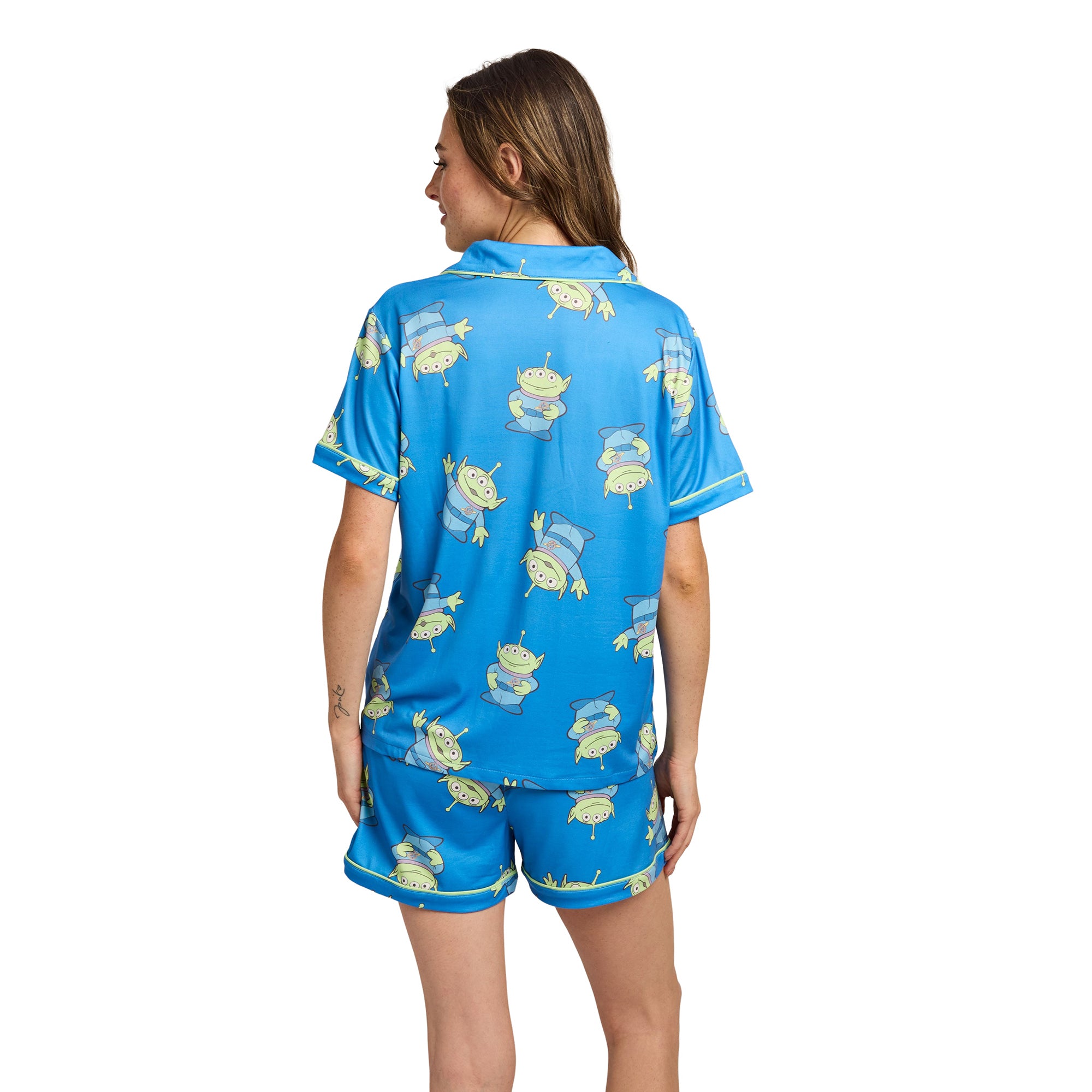 Toy Story Aliens All-Over Print Women’s Notch Collar Button-Down Shirt and Shorts Sleepwear Set