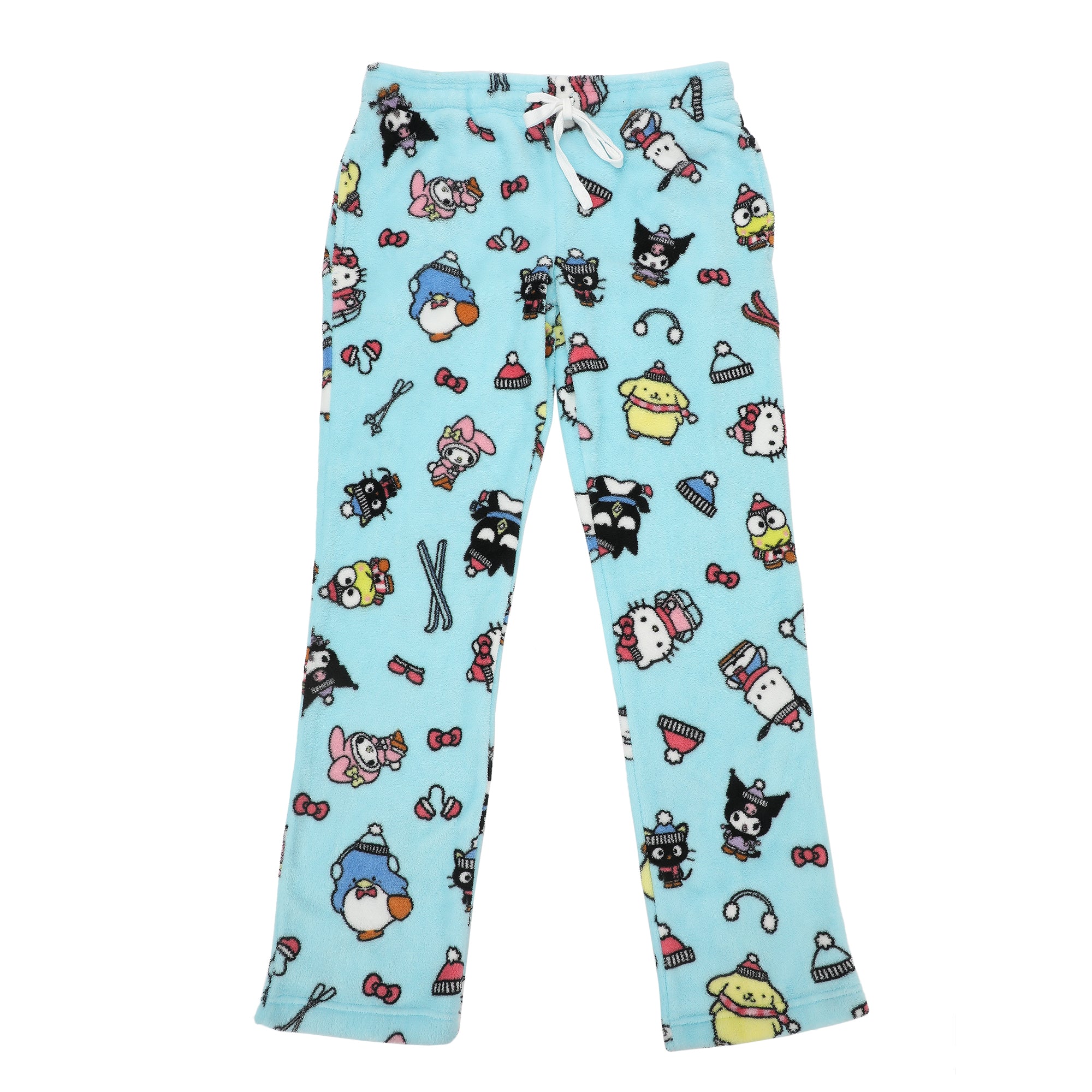 Hello Kitty & Friends Characters All-Over Print Women's Light Blue Plush Sleep Pajama Pants