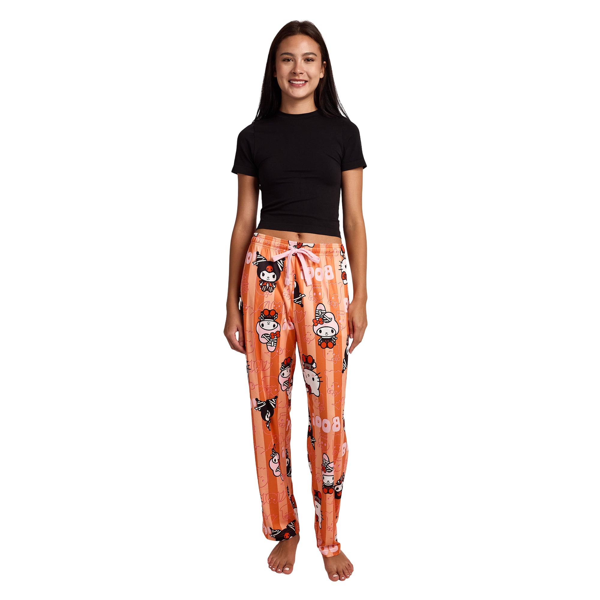 Hello Kitty Boo Halloween Costumes Women's Orange Striped Sleep Pajama Pants