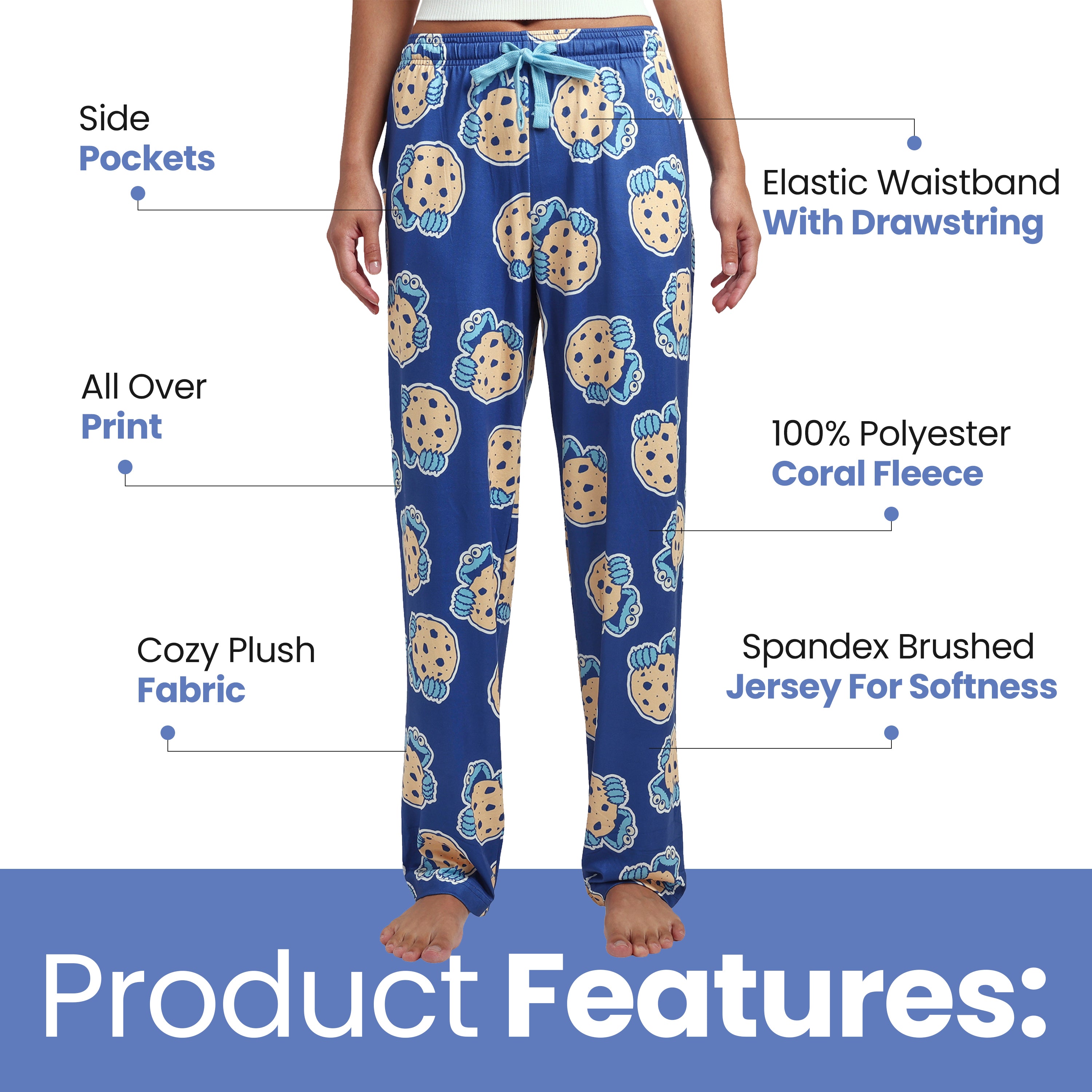 Sesame Street Cookie Monster Giant Cookie Women's Blue Quick Turn Sleep Pajama Pants