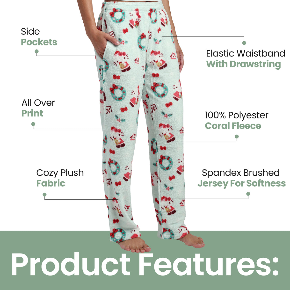 Hello Kitty Holiday All-Over Print Women's Wide Leg Sleep Pajama Pants