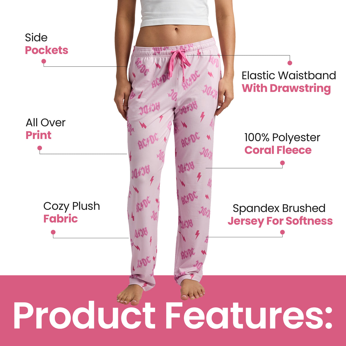 AC/DC Pink All-Over Print Women's Sleep Pajama Pants
