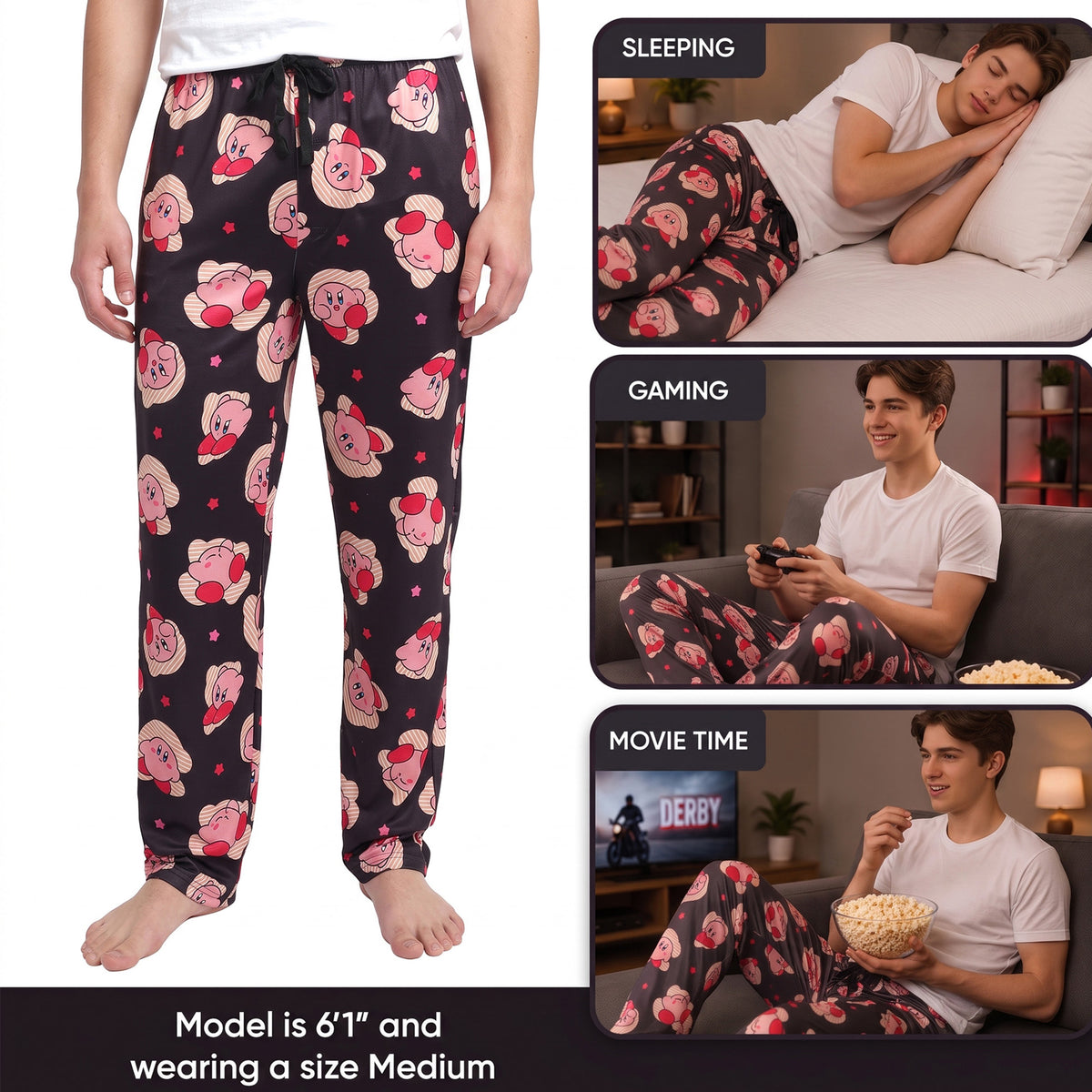 Kirby Character Poses and Stars Men's Black Sleep Pajama Pants