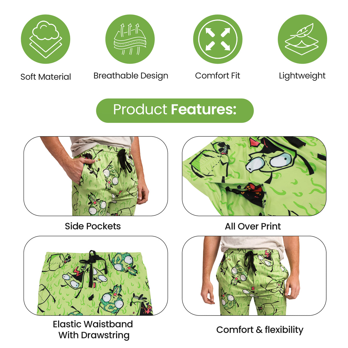 Men's Adult Invader Zim Green Sleep Pants - Irken Invasion Sleepwear