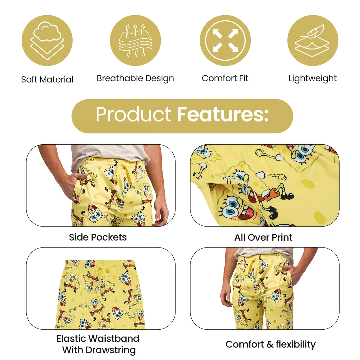 Men's Adult Yellow SpongeBob SquarePants Sleep Pants