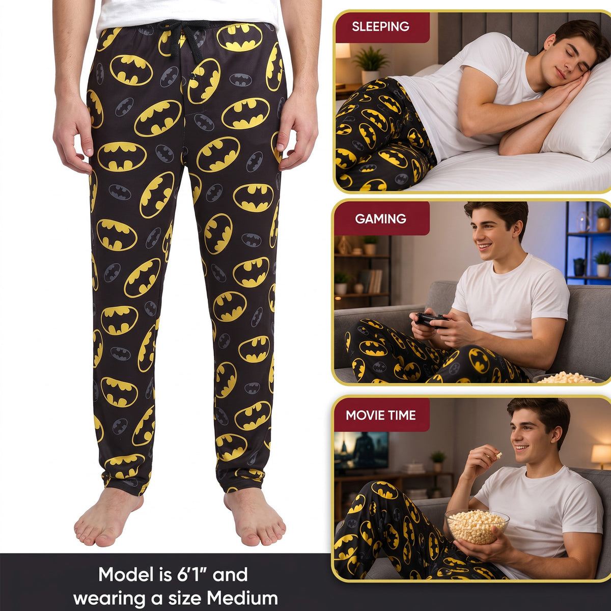 Men's Adult Batman Black Sleep Pants - Gotham Knight Comfort for Superhero Fans
