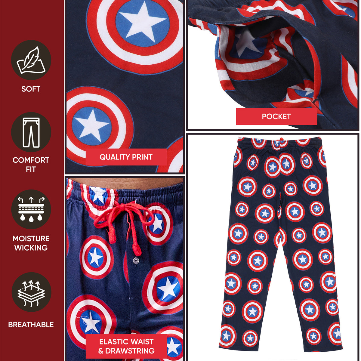 Marvel Captain America Shield Men's Sleep Pants With Tapered Legs And Pockets