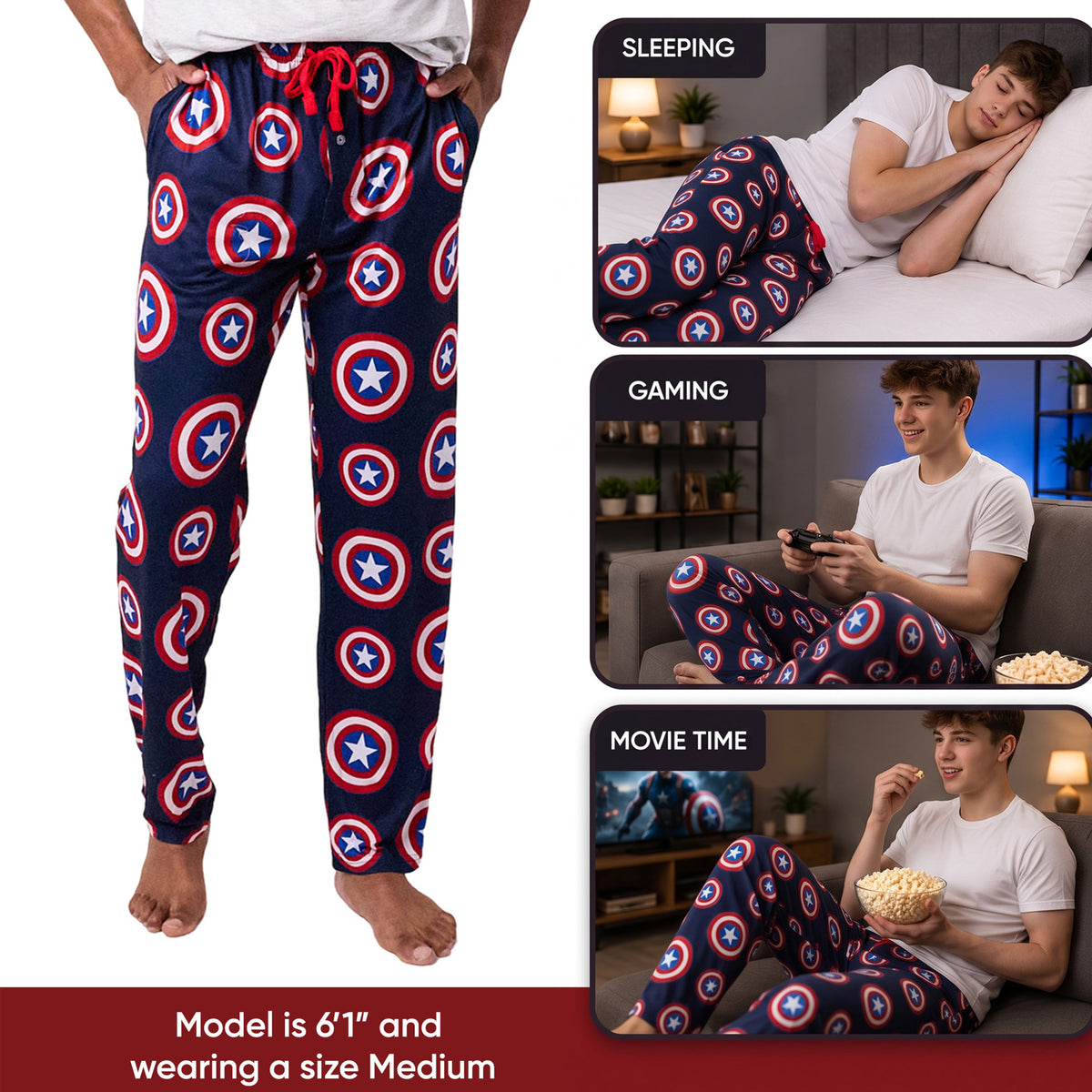 Marvel Captain America Shield Men's Sleep Pants With Tapered Legs And Pockets