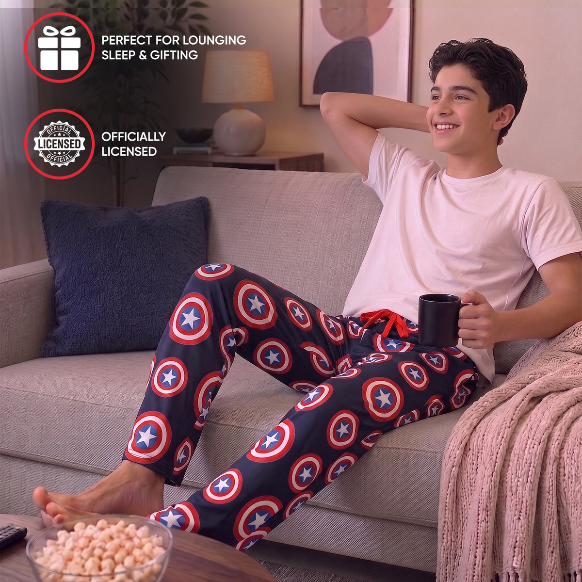 Marvel Captain America Shield Men's Sleep Pants With Tapered Legs And Pockets