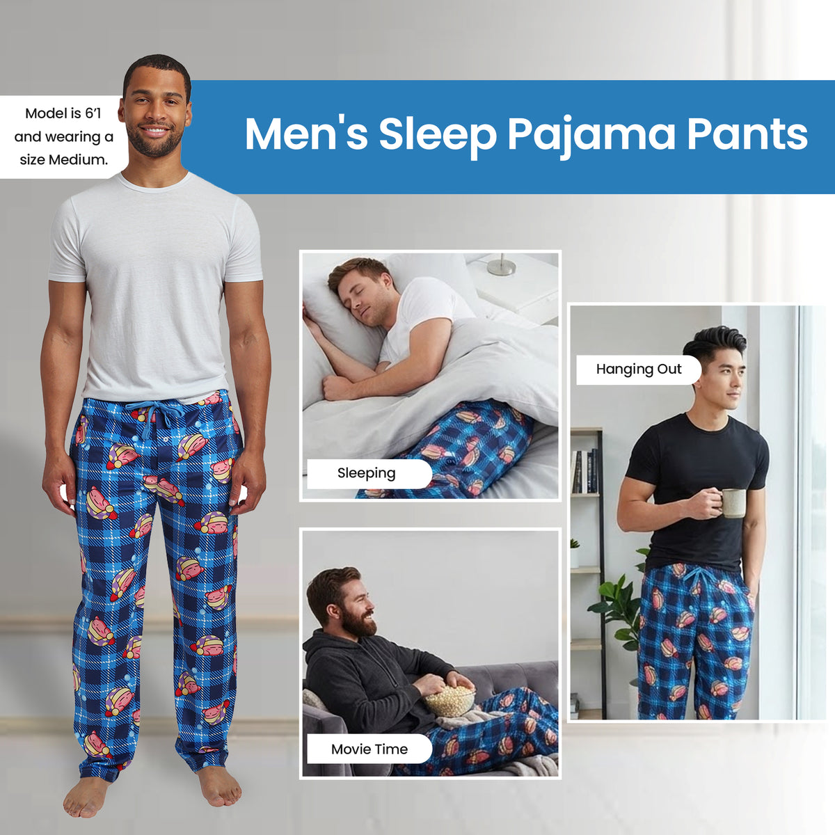 Kirby All-Over Print Men's Lightweight Plush Minkey Fleece Sleep Pajama Pants