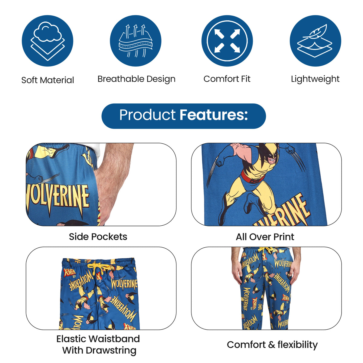 X-Men Wolverine All-Over Print Men's Blue Sleep Pajama Pants