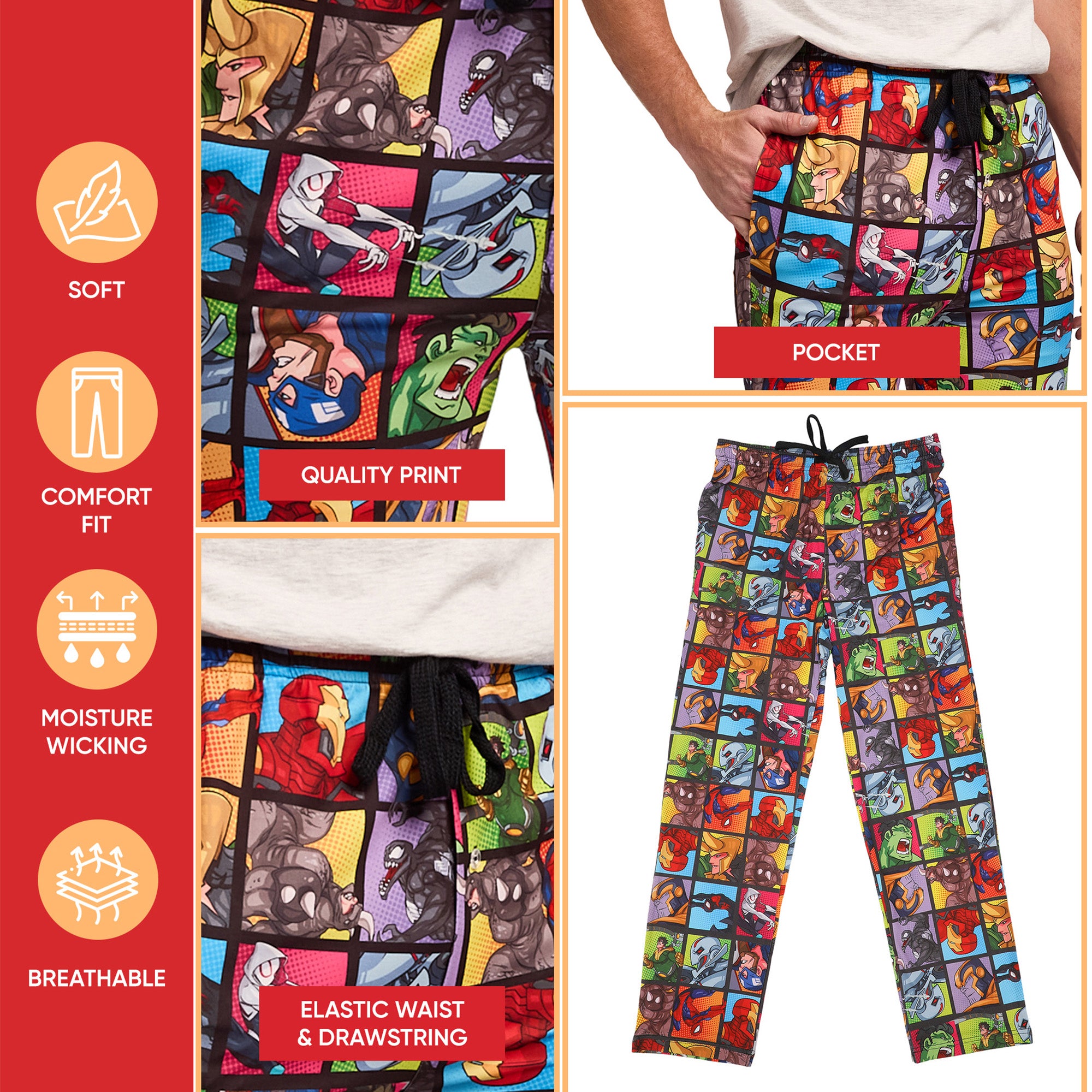 Marvel Superhero Squares Men's Black Sleep Pajama Pants