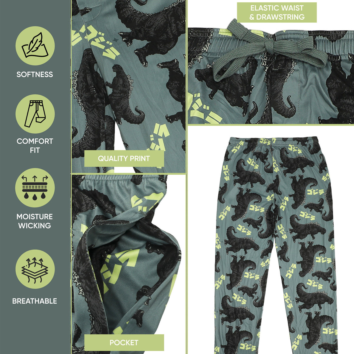 Godzilla All-Over Print Men's Gray Sleep Pajama Pants
