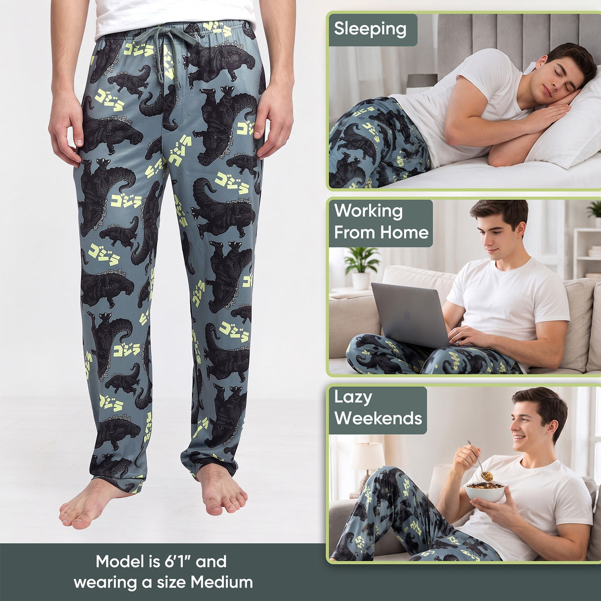 Godzilla All-Over Print Men's Gray Sleep Pajama Pants