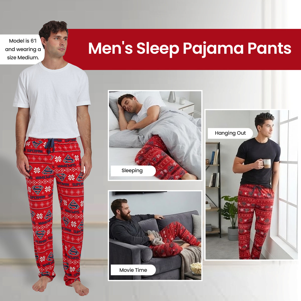 Superman All-Over Print Men's Lightweight Plush Minkey Fleece Sleep Pajama Pants