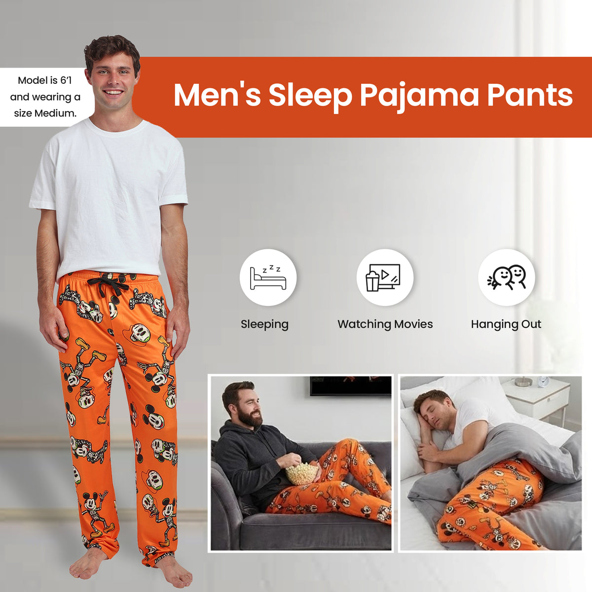Disney Mickey Mouse Skeleton Mickey Adult Orange Sleep Pajama Pants