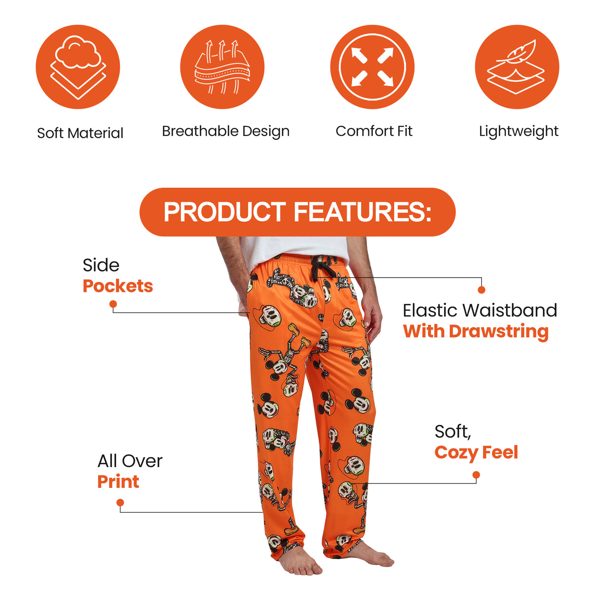 Disney Mickey Mouse Skeleton Mickey Adult Orange Sleep Pajama Pants