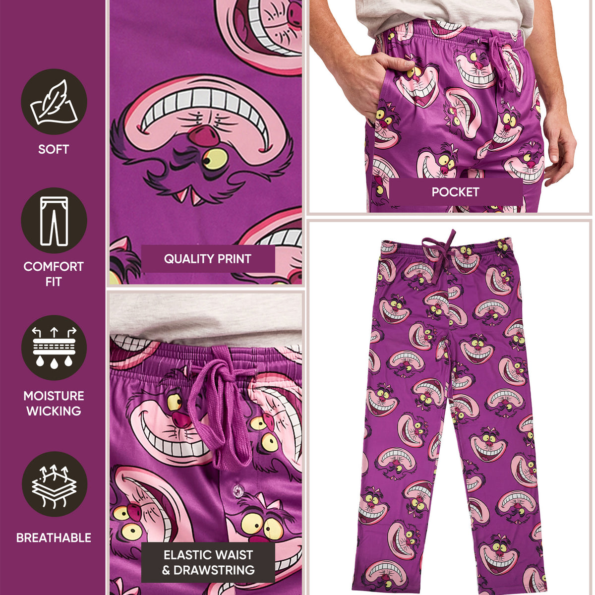 Disney Alice In Wonderland Chesire Cat All-Over Print Adult Purple Sleep Pajama Pants