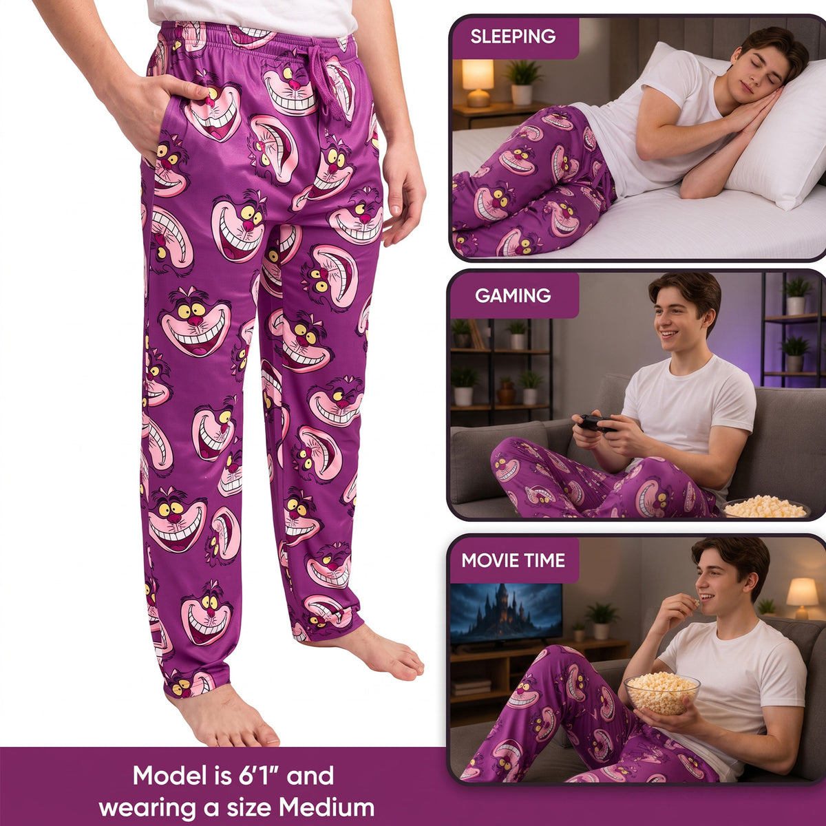 Disney Alice In Wonderland Chesire Cat All-Over Print Adult Purple Sleep Pajama Pants