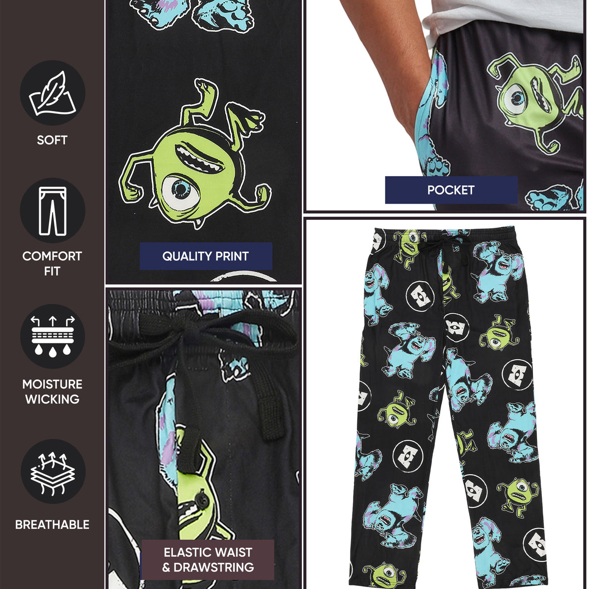 Monsters Inc Mike & Sulley All-Over Print Adult Black Sleep Pajama Pants