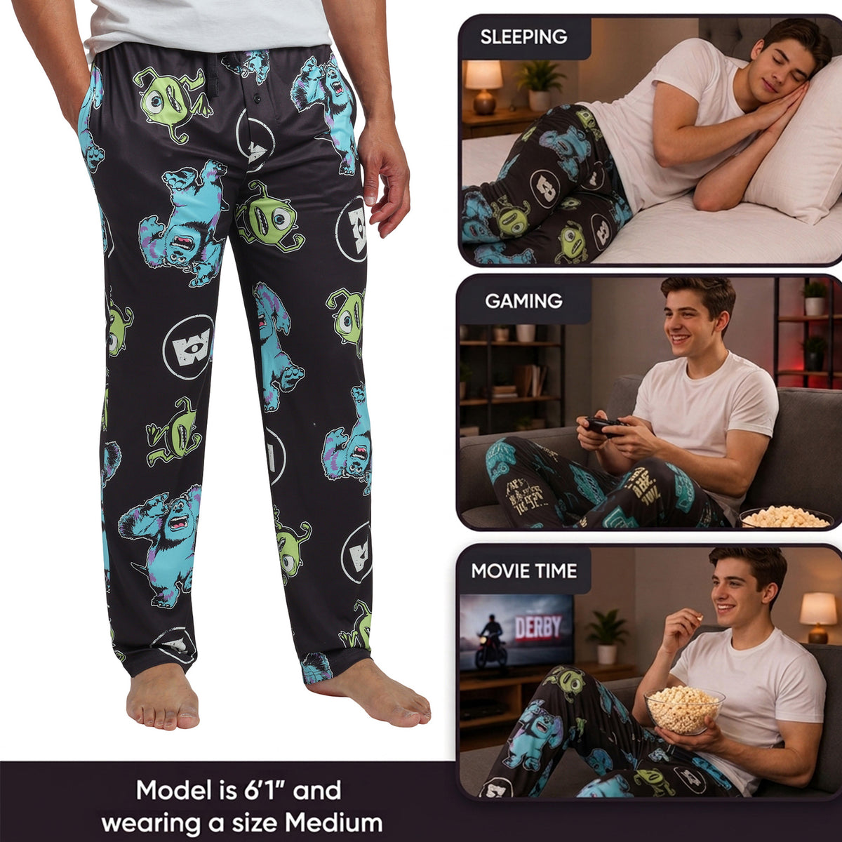Monsters Inc Mike & Sulley All-Over Print Adult Black Sleep Pajama Pants