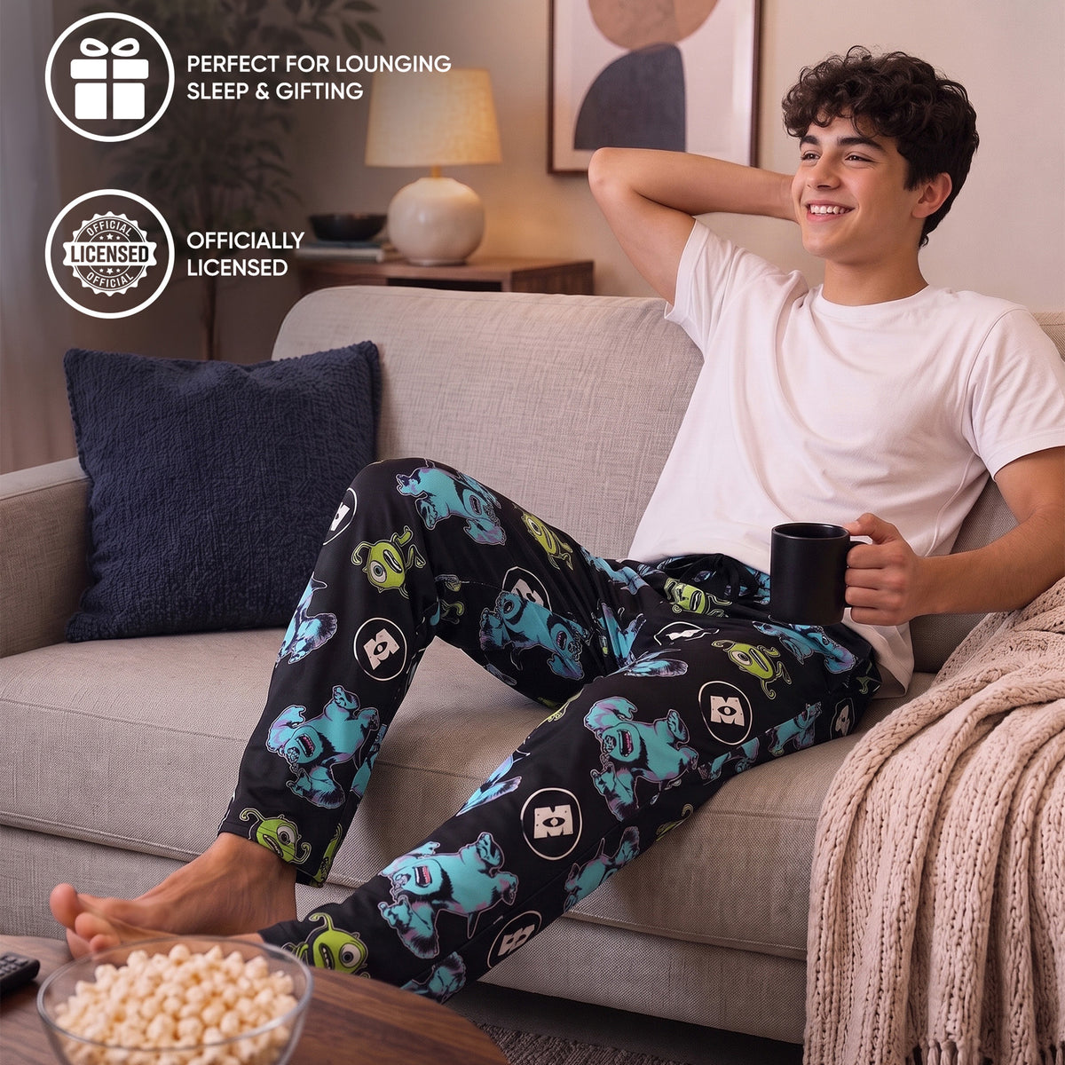 Monsters Inc Mike & Sulley All-Over Print Adult Black Sleep Pajama Pants