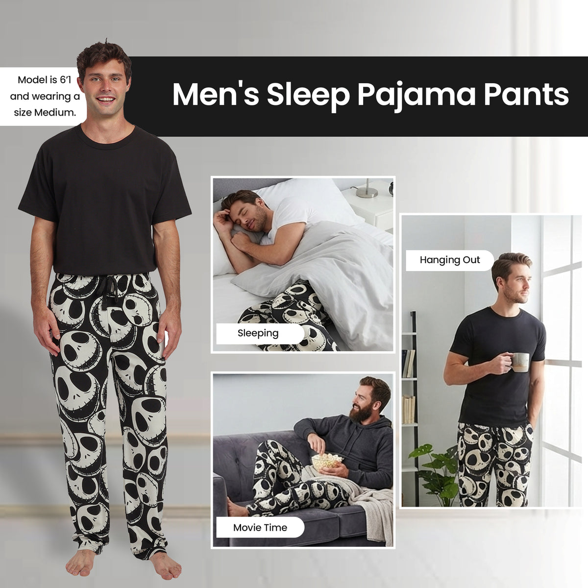 Nightmare Before Christmas Jack Skellington All-Over Print Lightweight Plush Minkey Fleece Men's Sleep Pajama Pants