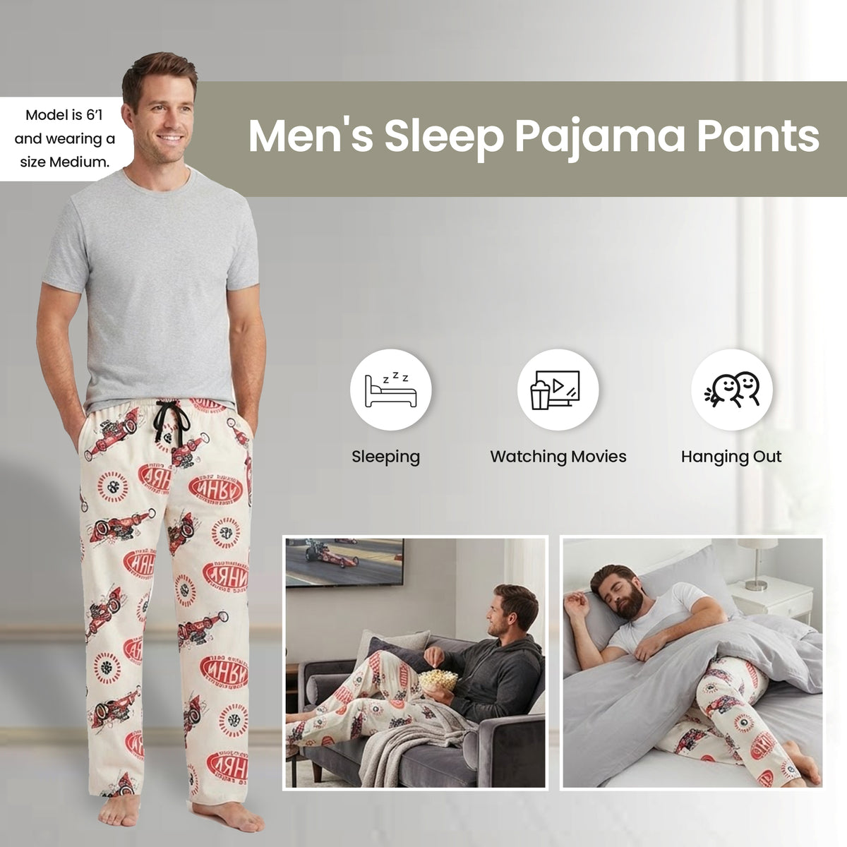 National Hot Rod Association Cars & Logo All-Over Print Men's White Sleep Pajama Pants