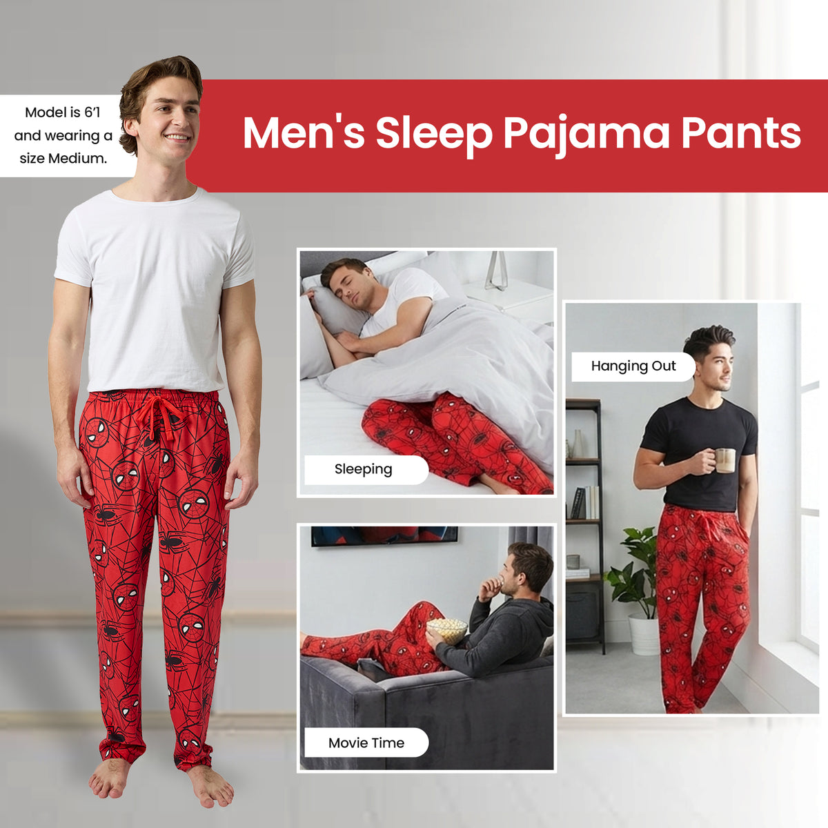 Spider-Man Classic Lightweight Plush Fleece Red Sleep Pajama Pants