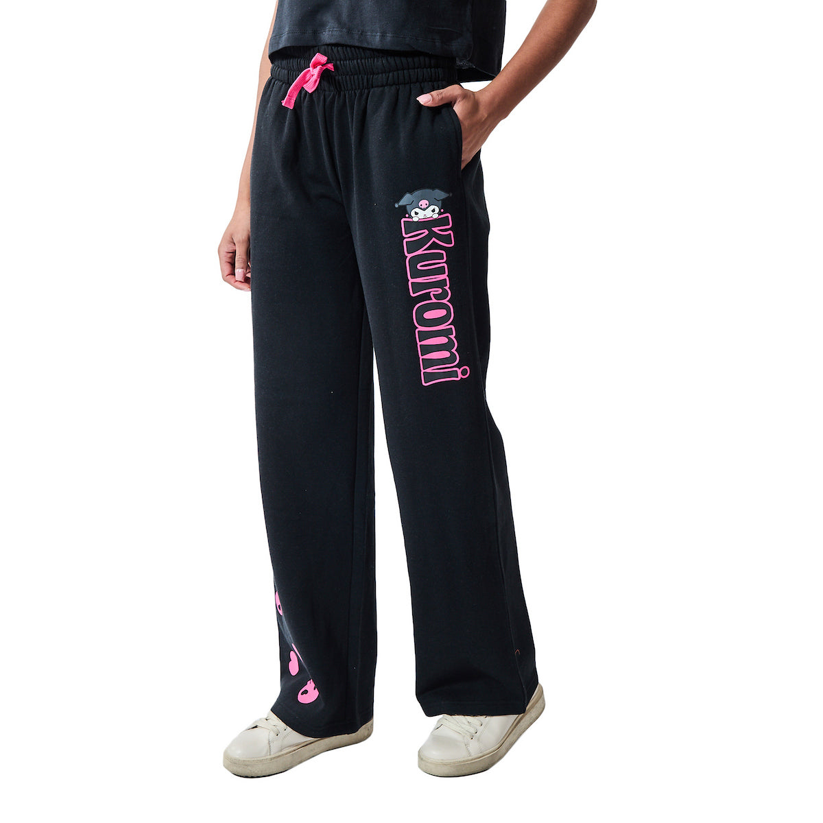 Kuromi Pink Skulls Women's Black Straight Leg Tie-Front Sweatpant Jogger