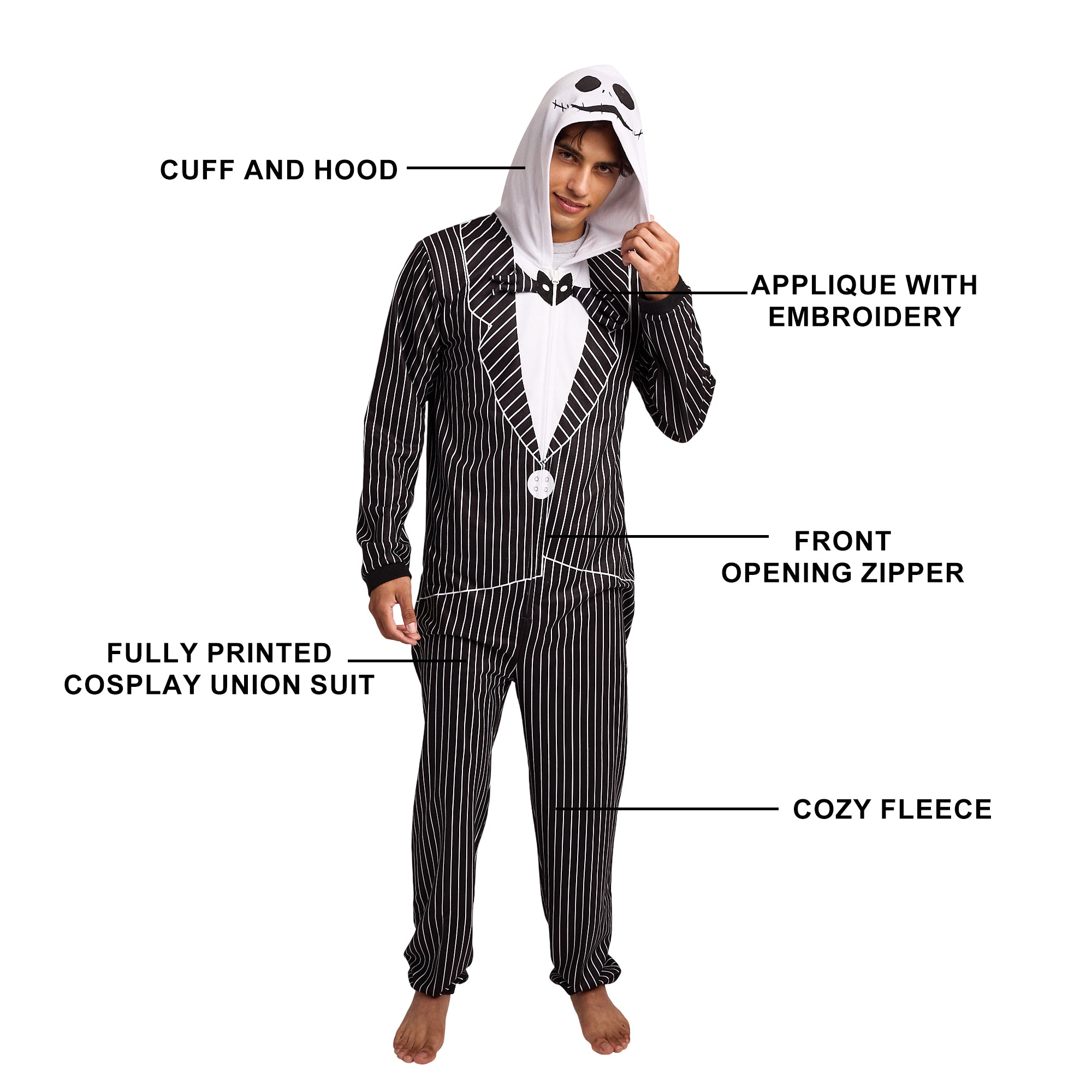 Nightmare Before Christmas Jack Skellington Adult Long Sleeve Hooded Cosplay Union Suit Onesie Costume