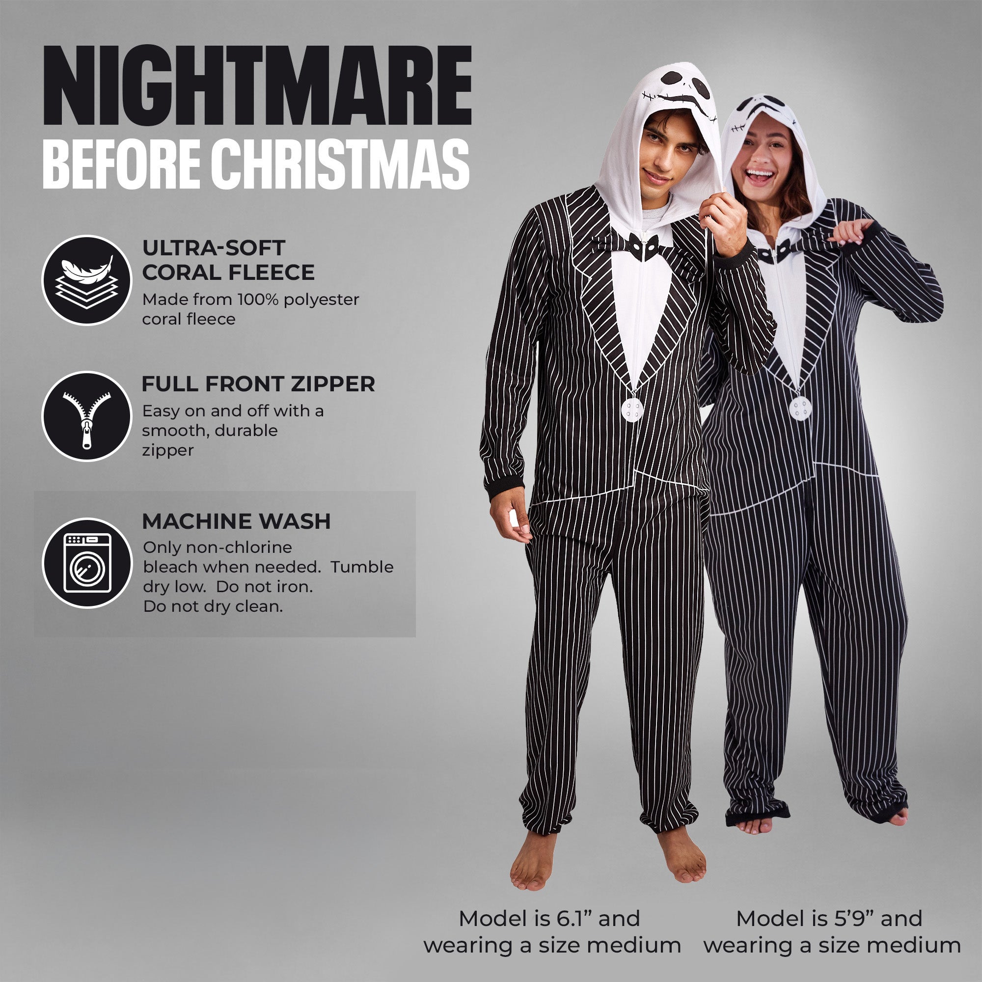 Nightmare Before Christmas Jack Skellington Adult Long Sleeve Hooded Cosplay Union Suit Onesie Costume