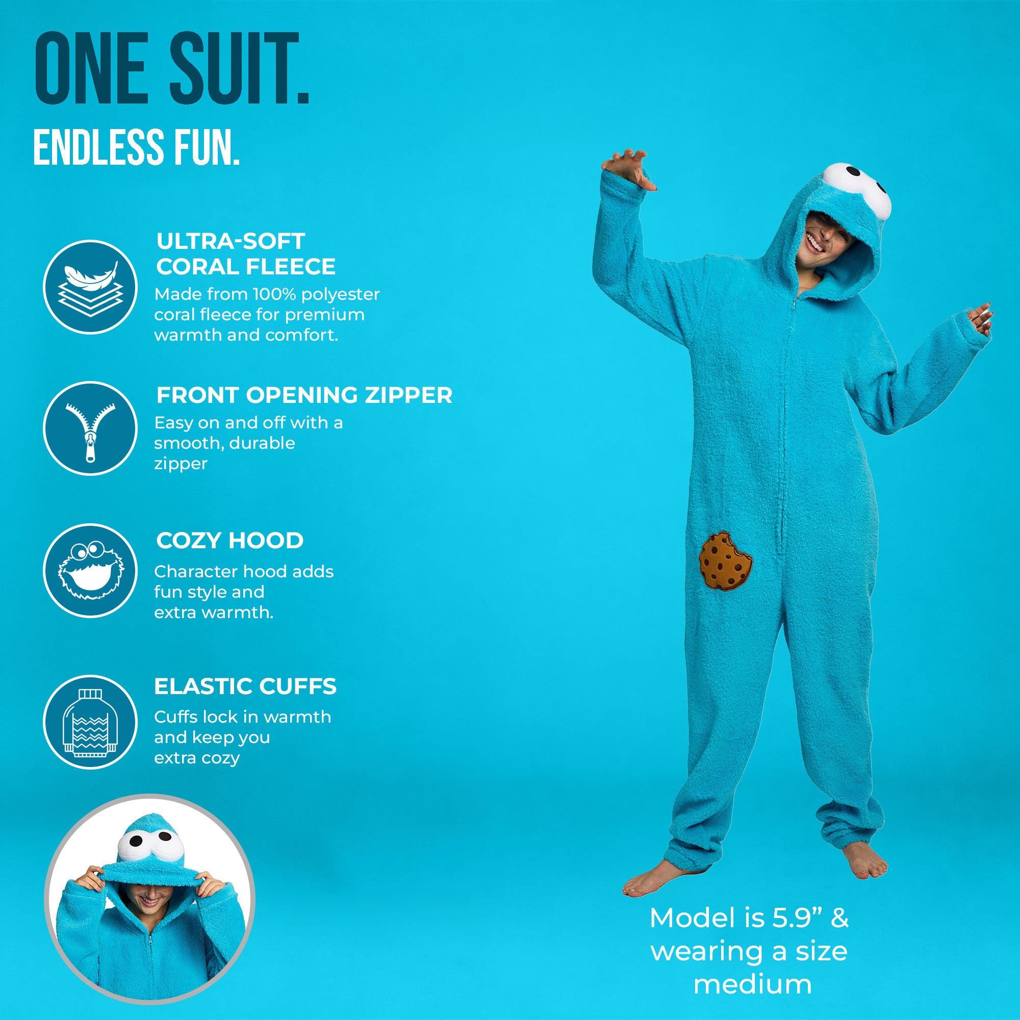 Sesame Street Cookie Monster Onesie Costume Union Suit With Hood