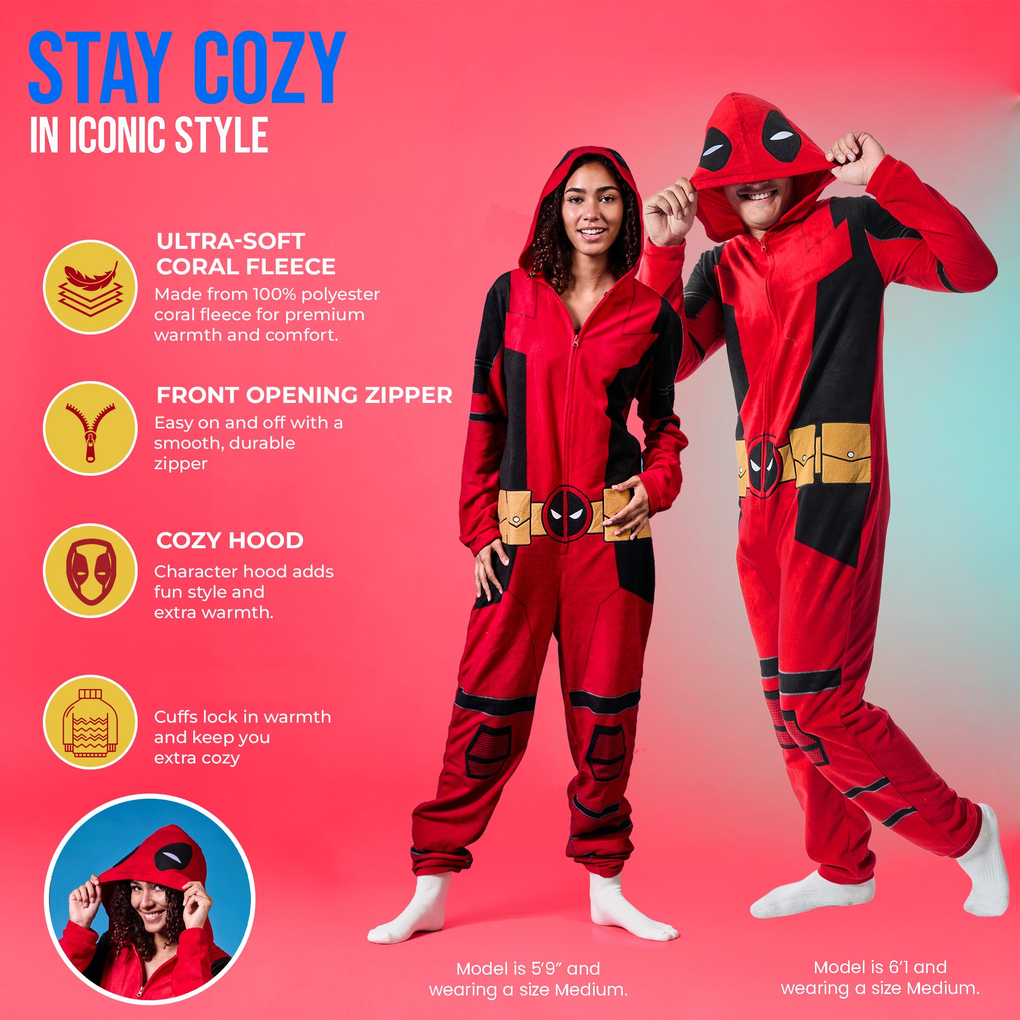 Deadpool Superhero Costume Unisex Hooded Onesie Union Suit